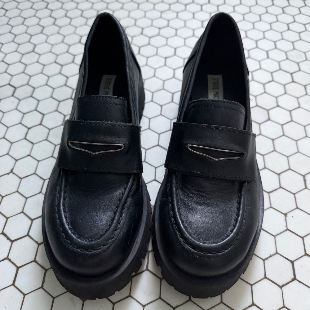 Steve Madden Loafers Black Leather Chunky Lug Sole Platform Penny Shoes 8 - Picture 4 of 6